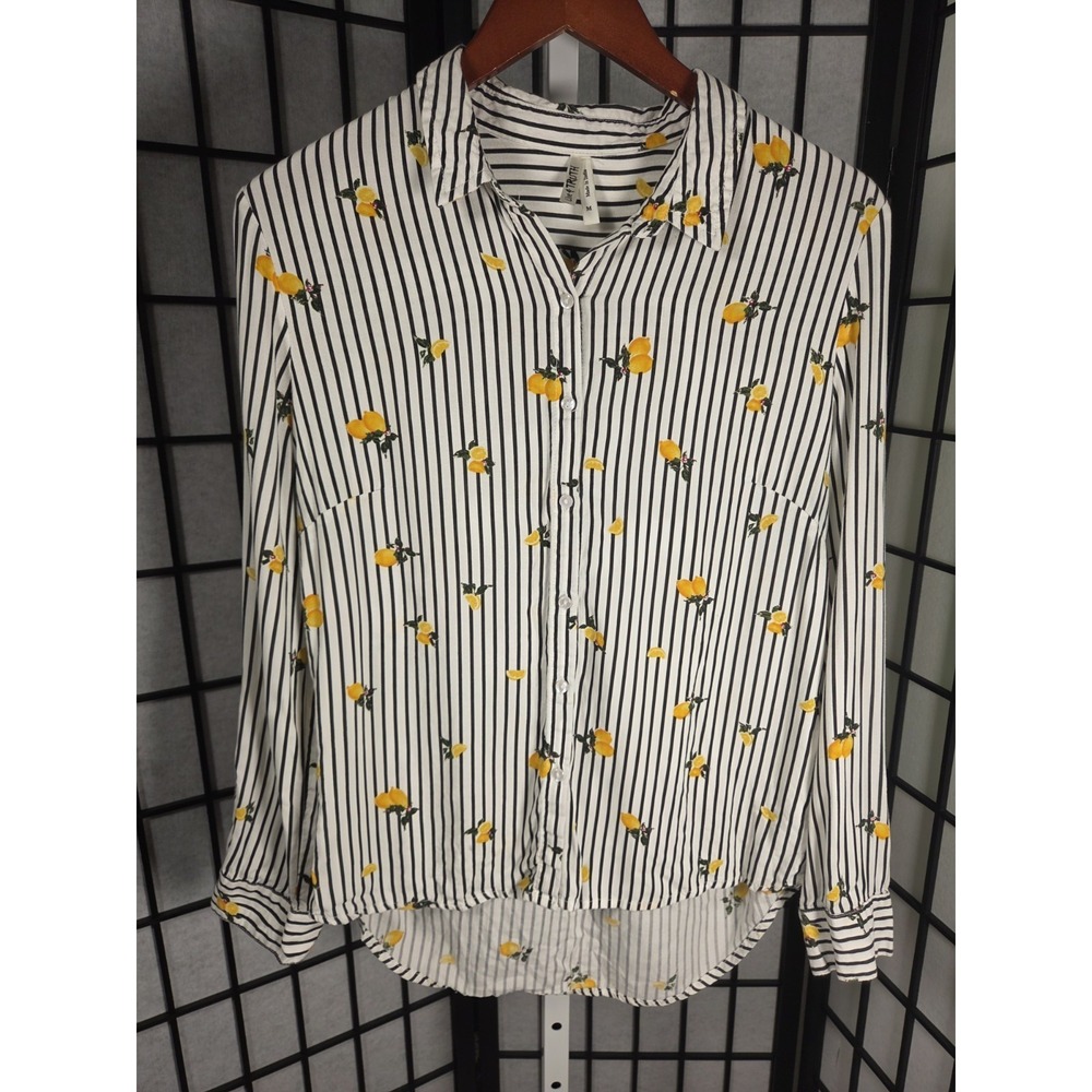Love & Truth Cottagecor Lemon Stripe Button Down Shirt Womens Size M Long Sleeve